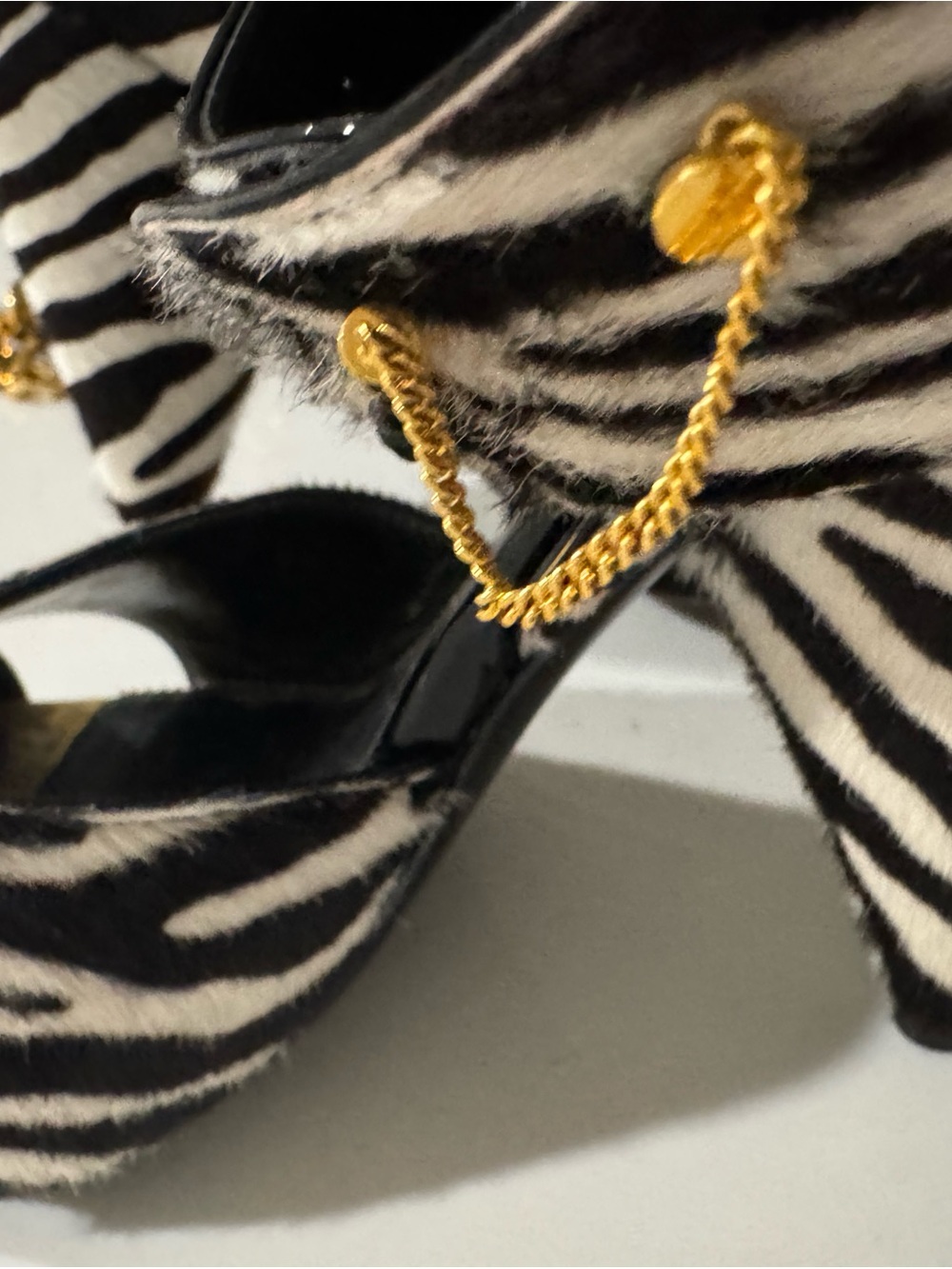 Tom Ford Zebra-Print Open-Toe Ankle-Strap Heels with Gold Accents - Picture 2 of 5